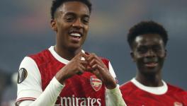 Joe Willock of Arsenal FC celebrates his goal against FK Molde