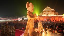 A statue of Lord Hanuman at the illuminated Ram Mandir premises after its consecration ceremony, in Ayodhya, Monday, Jan. 22, 2024. (PTI Photo/Arun Sharma) (PTI01_22_2024_000668B)