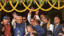 Bihar Chief Minister Nitish Kumar with NDA MLAs at Bihar Legislative Assembly in Patna on Monday.