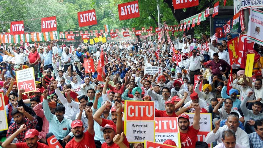 Workers at a national convention on labor in India on September 20, 2019.