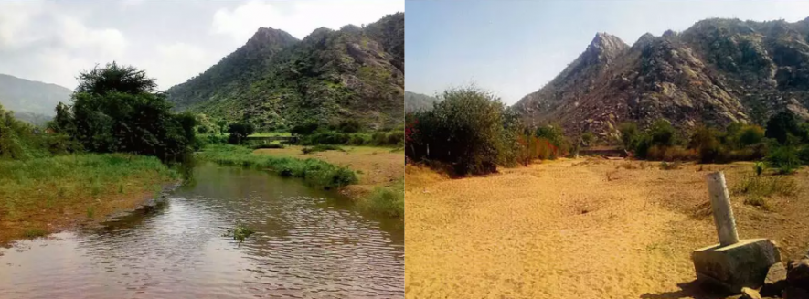 Transformation in Mt Abu: Stream in 2007 vs dry bed by 2016. Picture credit: Rustom Cama