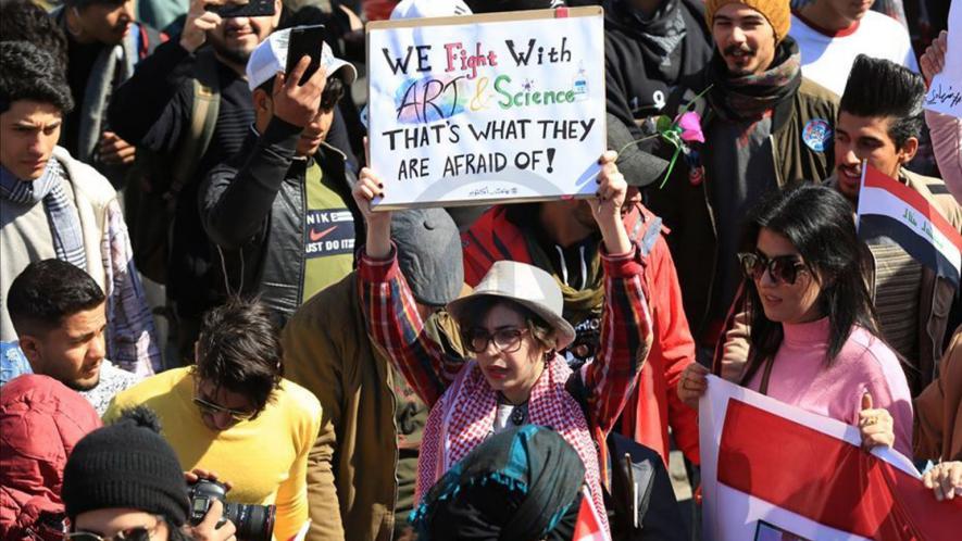 Women protest at Tahrir Square in Iraqi capital Baghdad on February 13, 2020. (Photo: Murtadha Al-Sudani - Anadolu Agency)