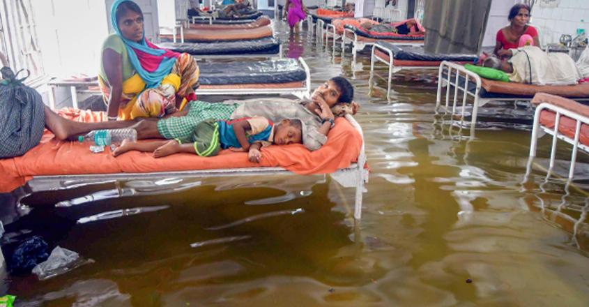 Waterlogging at Nalanda Medical College and Hospital (NMCH) after heavy monsoon rain in Patna during floods in 2018