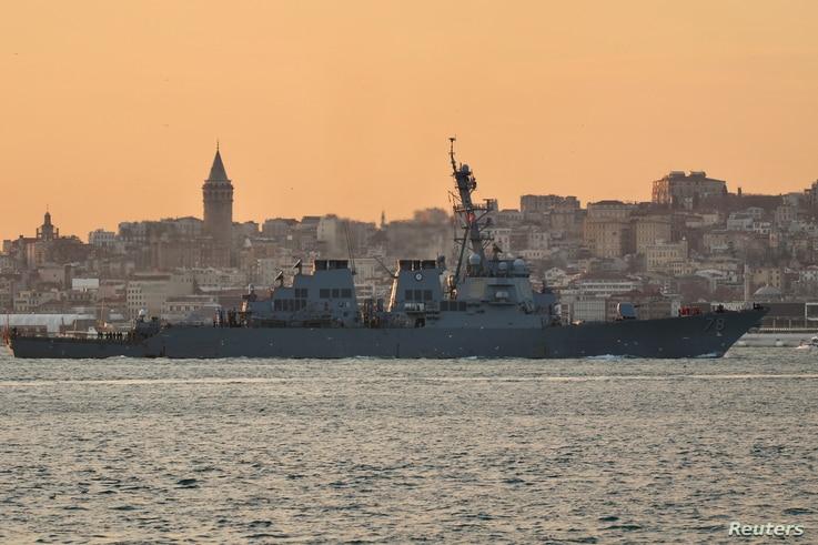 US Navy guided-missile destroyer USS Porter sails in the Bosphorus, Istanbul, on its way to the Black Sea, January 28, 2021