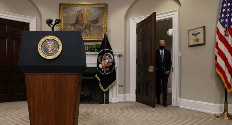 US President Biden enters Roosevelt Room in the White House to give a statement on US withdrawal from Afghanistan, Aug 24, 2021