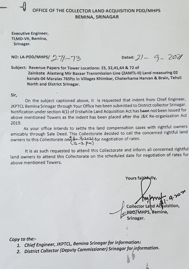 Letter from Collector, Land Acquisition dated Sept 21, 2021