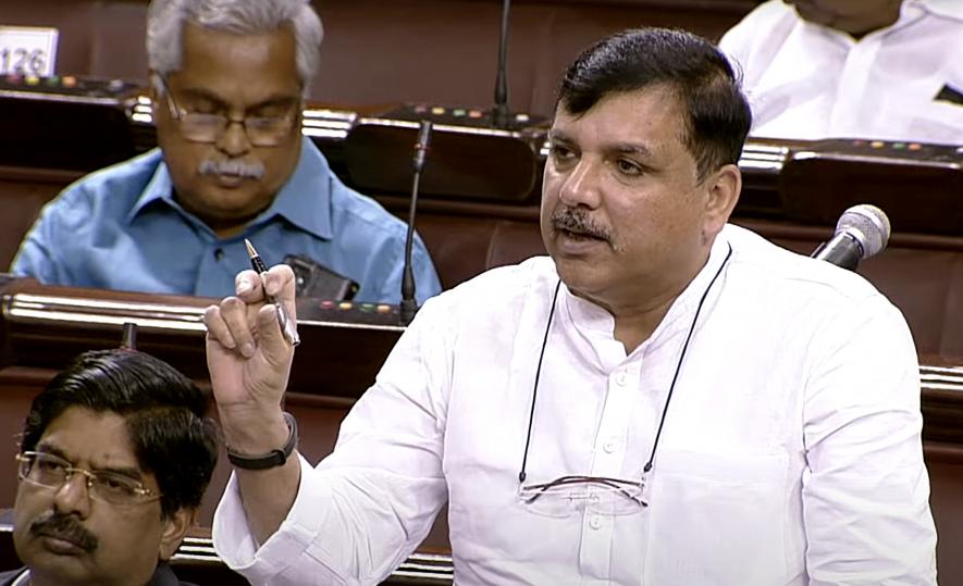 Aam Aadmi Party (AAP) Rajya Sabha MP Sanjay Singh speaks in the Upper House