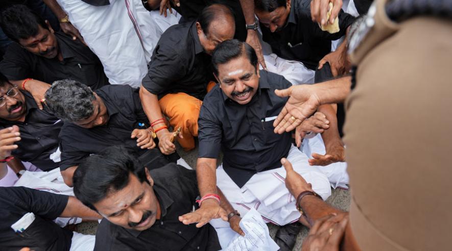 Police detain AIADMK interim General Secretary Edappadi K Palaniswami during a protest against Tamil Nadu Assembly Speaker Apavoo at Valluvarkottam, in Chennai.