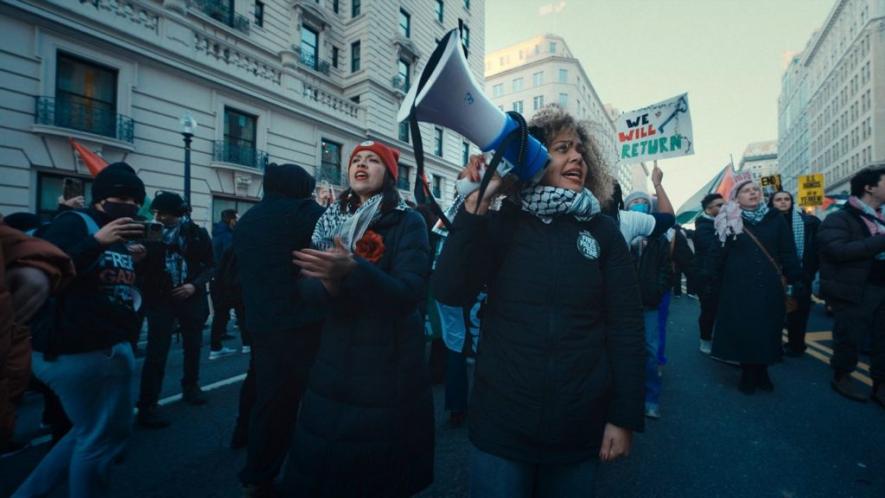 The PSL presidential ticket of Claudia de la Cruz and Karina Garcia participating in the March for Gaza in Washington DC. Photo: Craig Birchfield / ANSWER Coalition