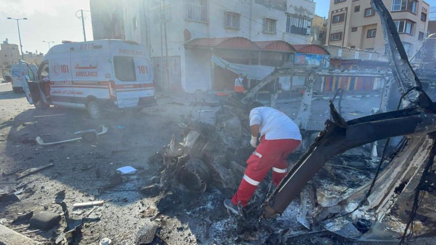 PRCS staff after another IOF attack on their ambulances. Source: Palestine Red Crescent Society/X