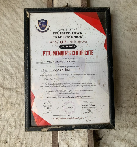 A member certificate of the Pfutsero Town Traders’ Union