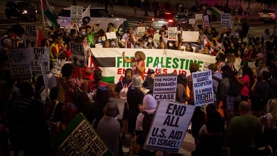 Claudia De La Cruz, running for president against Biden and Trump in November, agitates crowd at pro-Palestine protest outside of first presidential debates of 2024 in Atlanta, Georgia (Photo via Party for Socialism and Liberation)