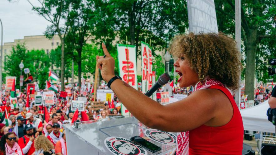 Claudia De la Cruz speaks at the rally outside the US Capitol protesting Netanyahu's visit on July 24 (Photo via @votesocialist24/X)