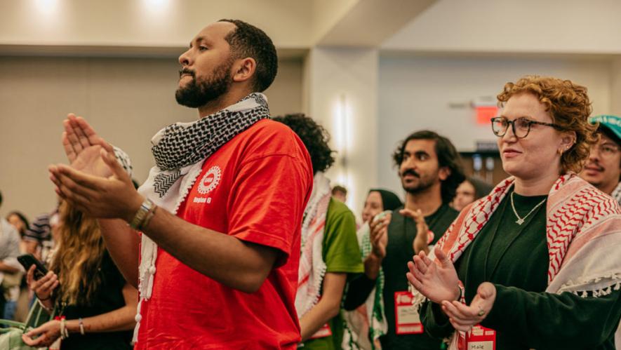 UAW 4811 members including Desmond Fonseca (leftmost) attend the People’s Conference for Palestine (Photo: Sofia Perez)