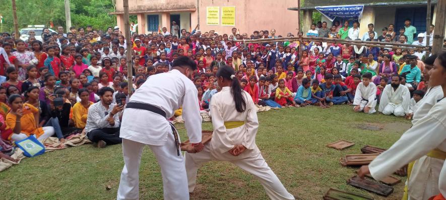 Karate instructors demonstrating self-defence at Shahid Khudiram Basu Madhyamik Sikshakendra premises on September 29, at Kelapathar village of Ranibandh Block, Bankura.