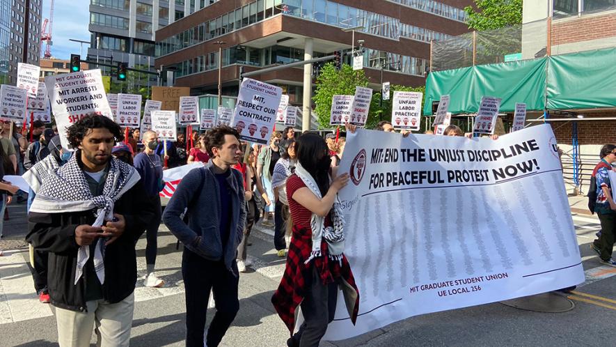 MIT Graduate Student Union members march in solidarity with pro-Palestine students facing disciplinary measures (Photo: MIT GSU)