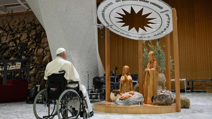 Pope Francis before the "Nativity of Bethlehem 2024" in the Paul VI Hall. Photo: Vatican News